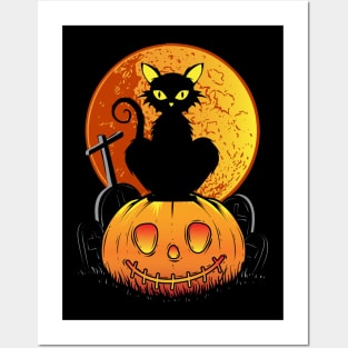 Black Cat on Pumpkin Halloween Posters and Art